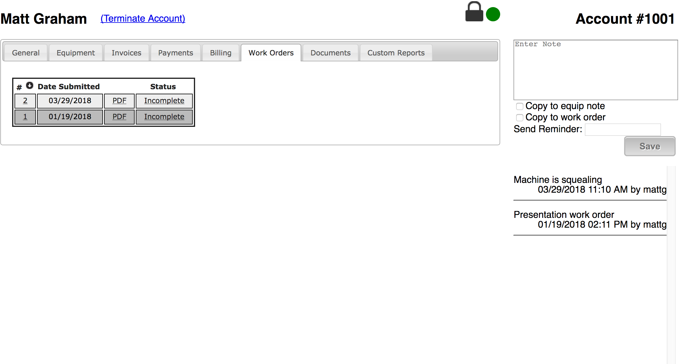 Customer Record Work Orders Section